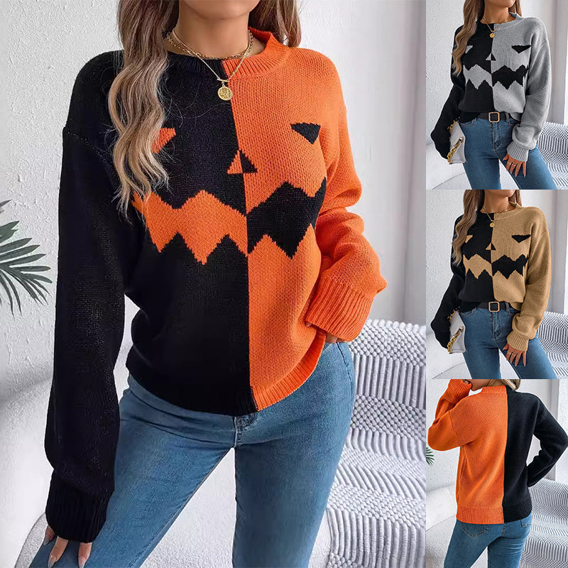 Spooky Chic: Halloween Contrast Pullover Sweater for Women