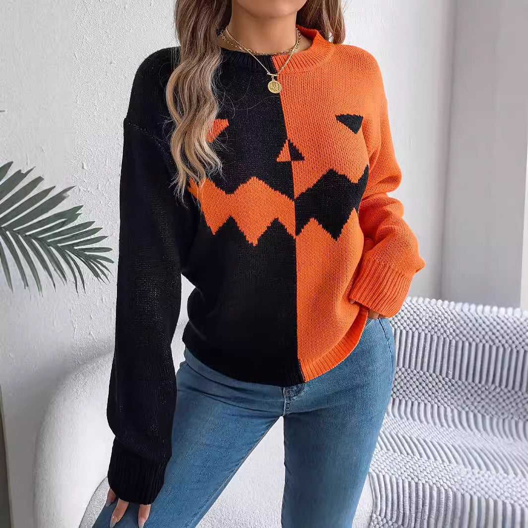 Spooky Chic: Halloween Contrast Pullover Sweater for Women